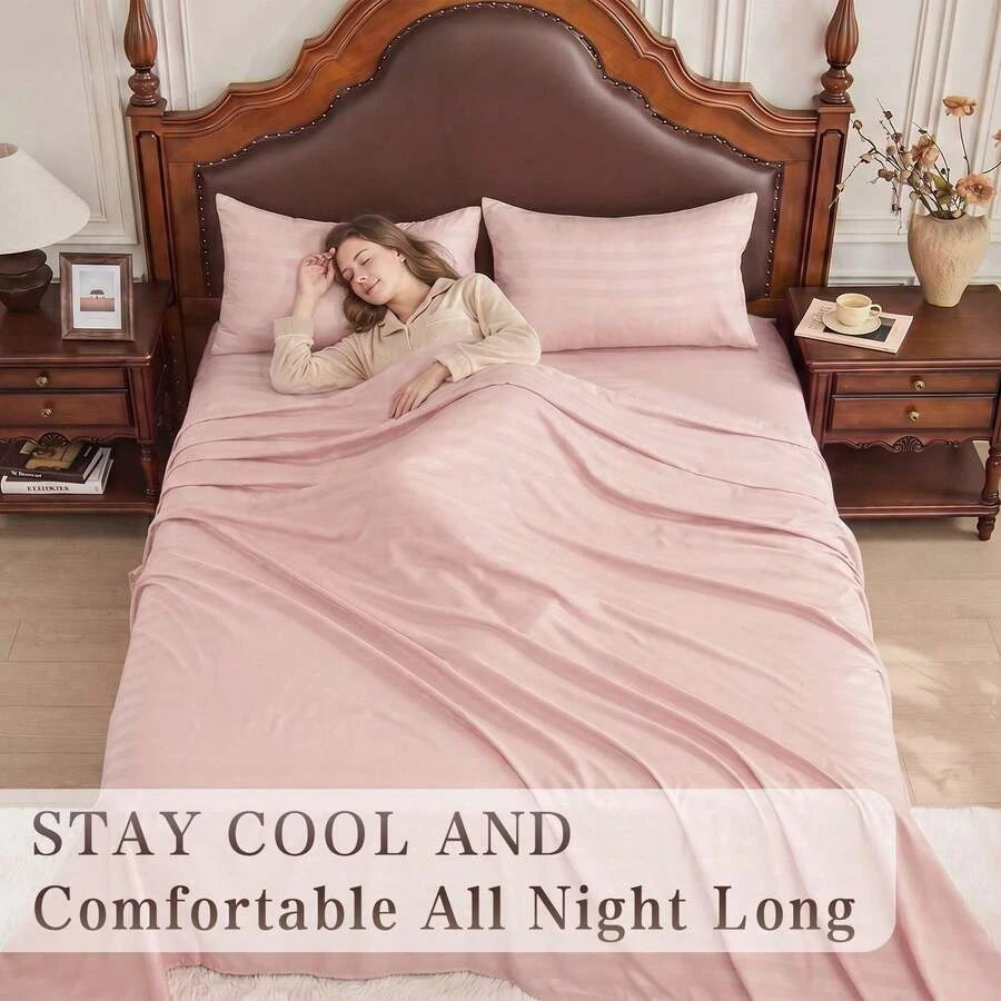 Striped Cooling Sheets Set King Size - Fitted Flat Sheet & Pillowcase Sets 4 Piece - Super Soft Stripe Bed Sheet, Easy Care, Deep Pocket /sf260521111363488956160