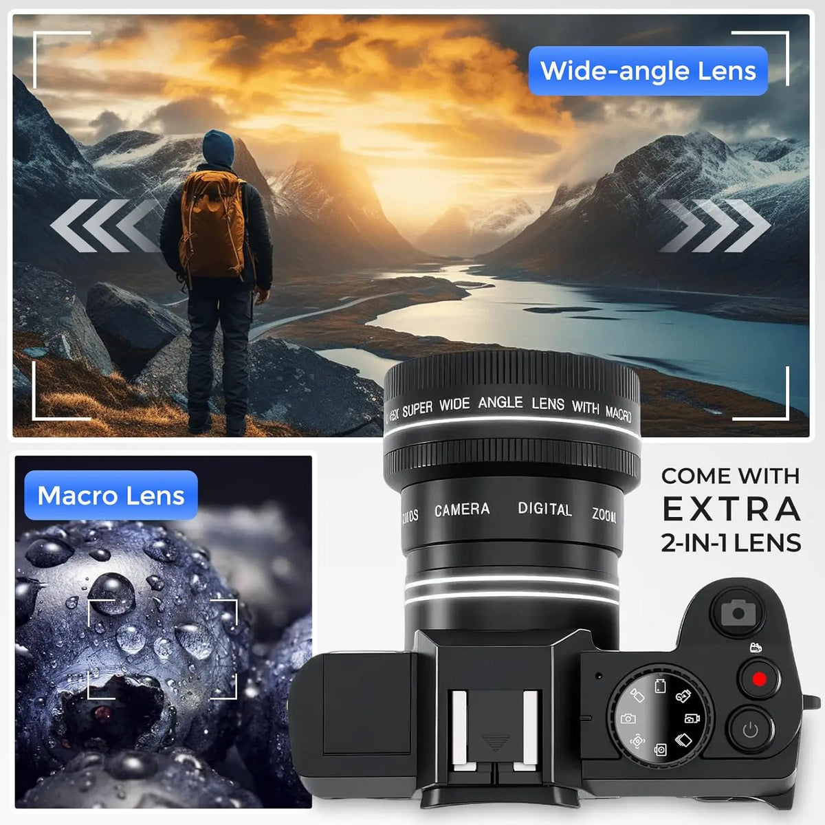 4K Vlogging Camera for YouTube with Flip Screen, WiFi, and Auto-Focus - Photography Digital Camera Includes 2 Batteries, Wide & Macro Lens, MicroSD Card, Card Reader