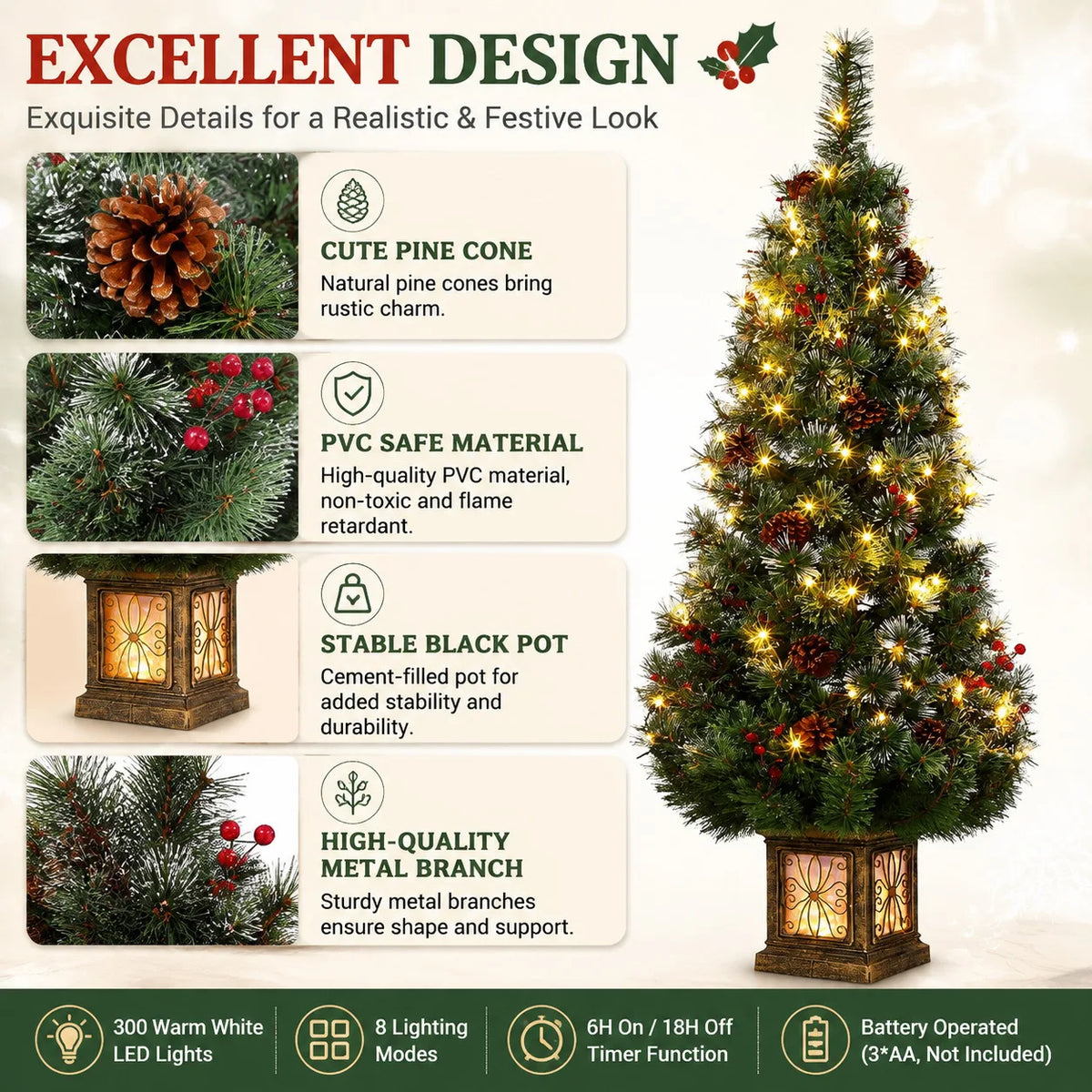 4.5ft Pre Lit Artificial Christmas Tree with 300 LED Lights 8 Modes Timer Battery Operated Realistic Spruce Xmas Decor with Antique Urn Base for Indoor Holiday Home Desk Table Decoration