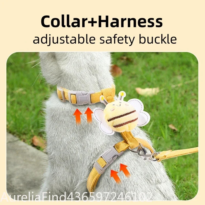 Cartoon Bee Double‑Layer Pet Harness Collar Leash Set Adjustable For Cat Small Medium Dog Outdoor Walking Supply