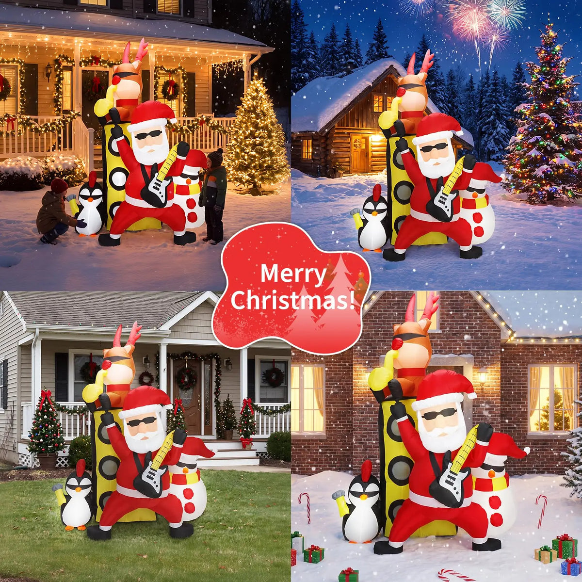 7FT Christmas Inflatable Santa Band With Reindeer Snowman Penguin 5 LED Lights, Blow Up Outdoor Toy For Yard Lawn Porch Party Decor
