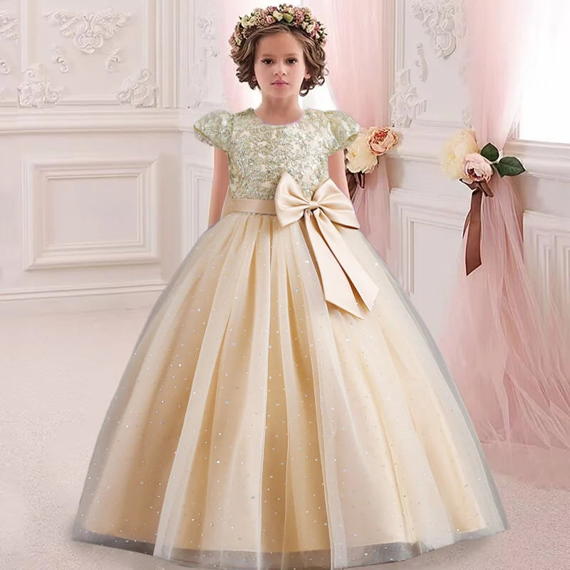 New Christmas Party Princess Long Dress Children's Gauze Lace Birthday Party Dinner Ball Big Butterfly Dress