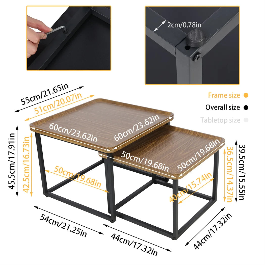 LUVODI Set of 2 Industrial Coffee Table Retro Square Wooden Center Tea Table with Metal Base for Living Room Sofa
