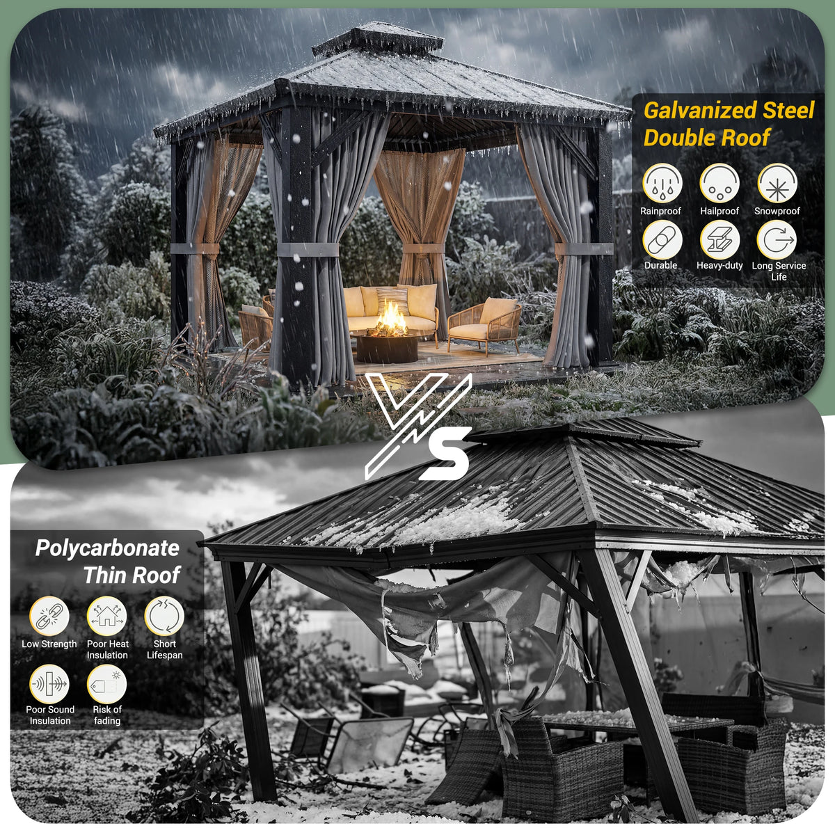 VIWAT 10x10 FT Hardtop Gazebo Galvanized Steel Roof W/ Netting Curtain All Weather for Backyard Patio Garden