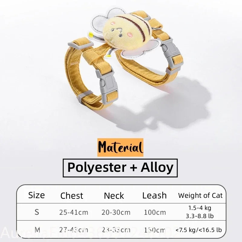 Cartoon Bee Double‑Layer Pet Harness Collar Leash Set Adjustable For Cat Small Medium Dog Outdoor Walking Supply