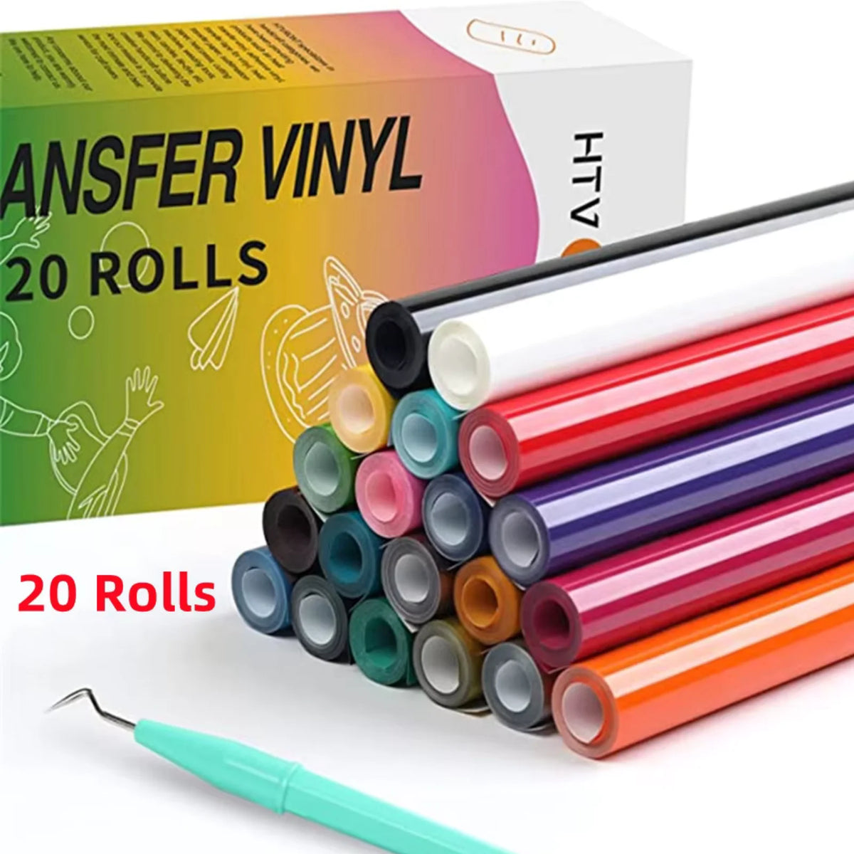 HTVRONT 20Rolls 12 in X 3 FT HTV Heat Transfer Vinyl Hot Press Iron-on Tshirt Textiles Film Roll HTV Printing Clothing Christmas Halloween Decor for Cameo DIY