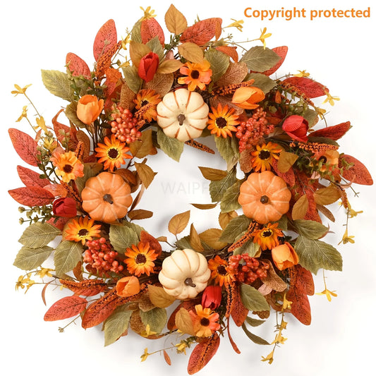 1pc Autumn Front Door Wreath, 22-Inch Autumn Wreath with Pumpkins, Suitable for Indoor And Outdoor Porch Thanksgiving Farmhouse Harvest Decoration, Home Autumn Decoration, Outdoor Artificial Wreath, Decoration, Walls, And Fir