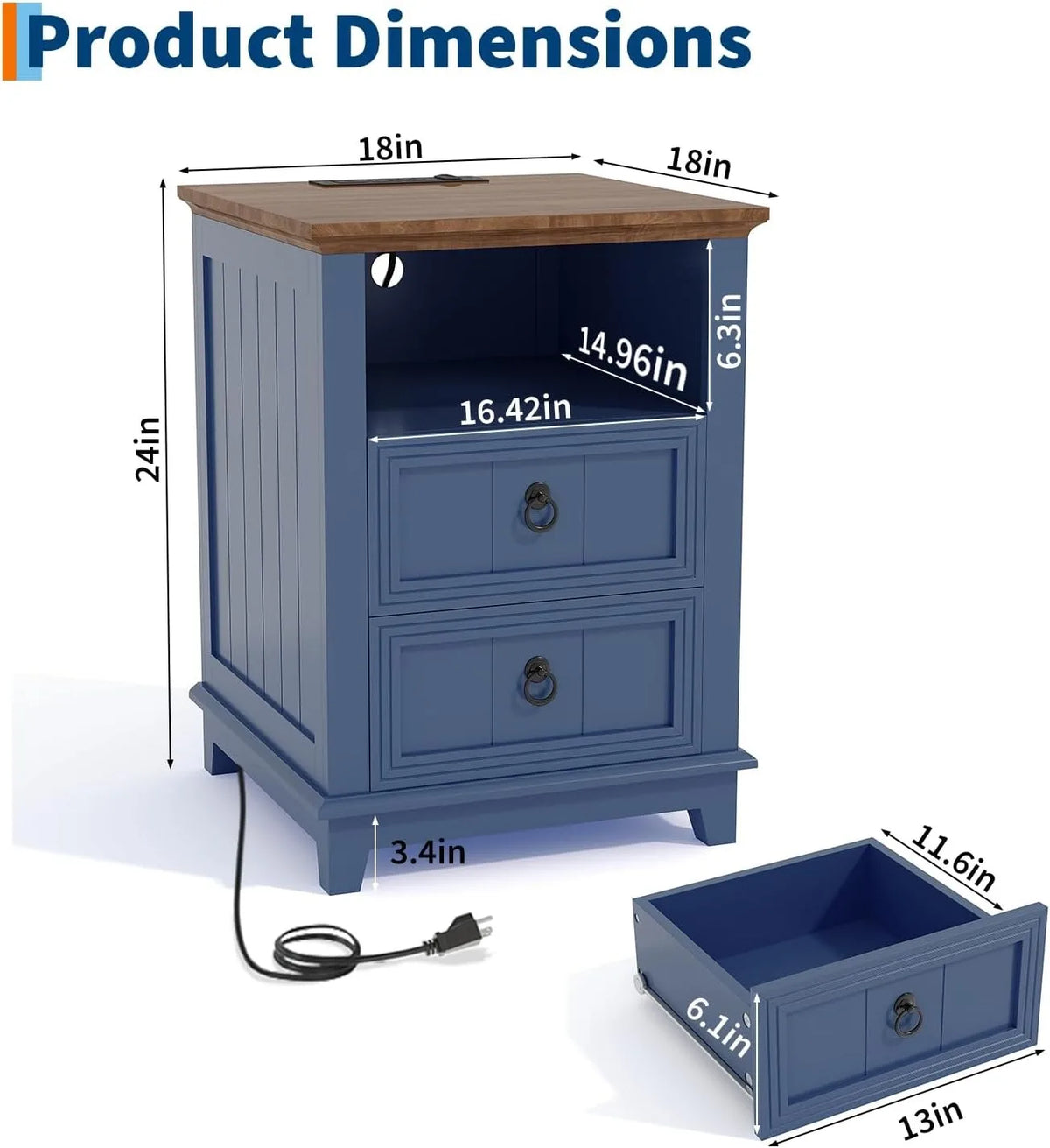 18 Inch Wood Nightstand with USB Charging Station Modern Fluted Bedside Table 2 Drawer End Table with Storage Shelf for Bedroom Living Room Home Office Apartment Dorm Blue