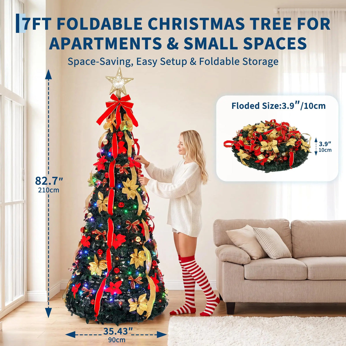 6-7 FT Pop-Up Pre-Lit Christmas Tree with LED Lights & Lighted Star Leader Pre-Decorated Artificial Xmas Tree for Indoor Holiday Decor
