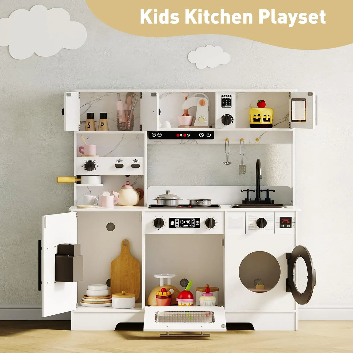8-in-1 Wooden Play Kitchen Set For Kids With Lights Sounds, Ice Maker, Coffee Machine, Washer, 11 Accessories & Storage, Ages 3+