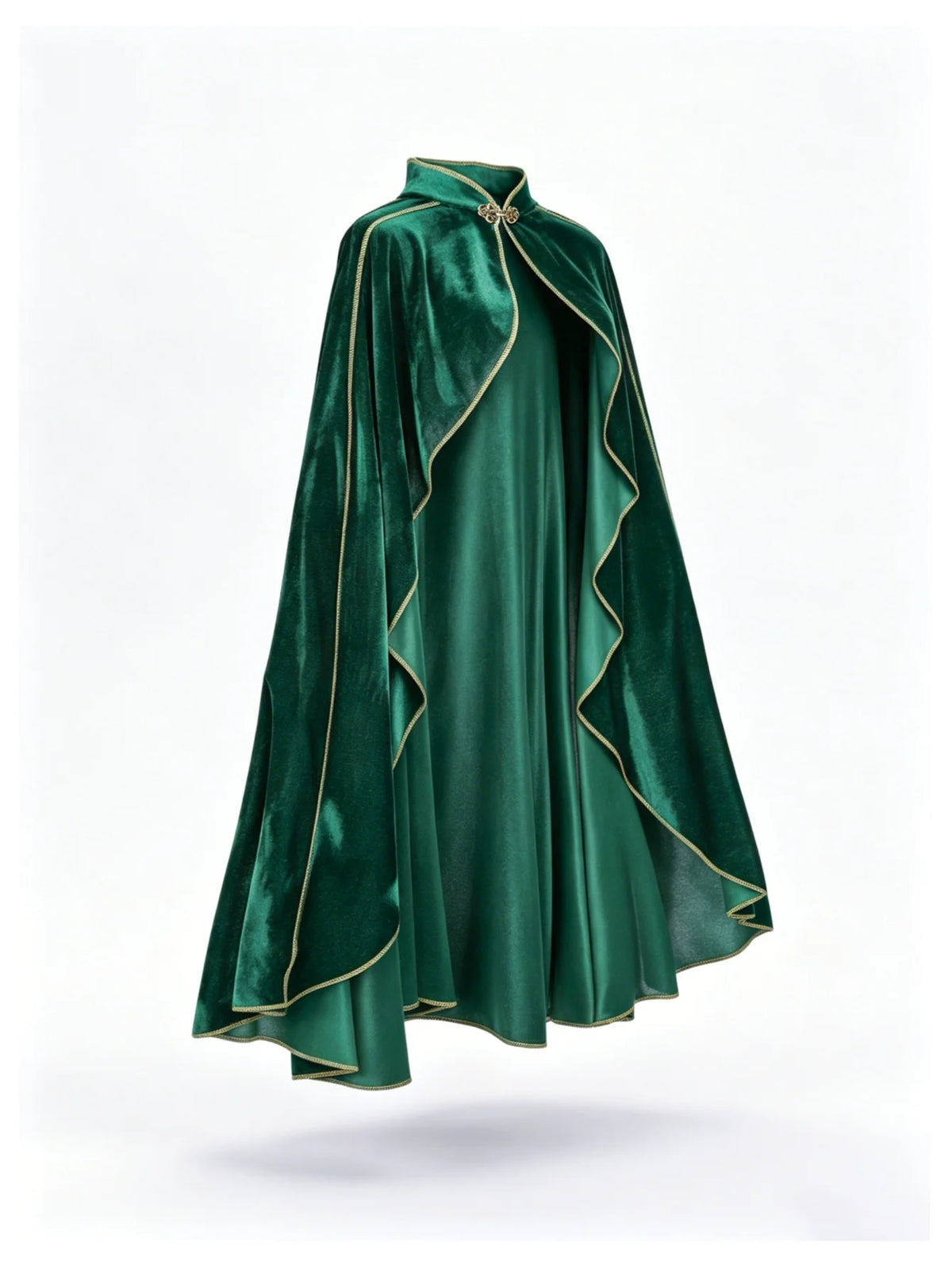 Women Vintage Green Velvet Cape Cloak Gold Trim Stand Collar Cosplay Costume Long Cape For Halloween Party Medieval Renaissance Dress Up