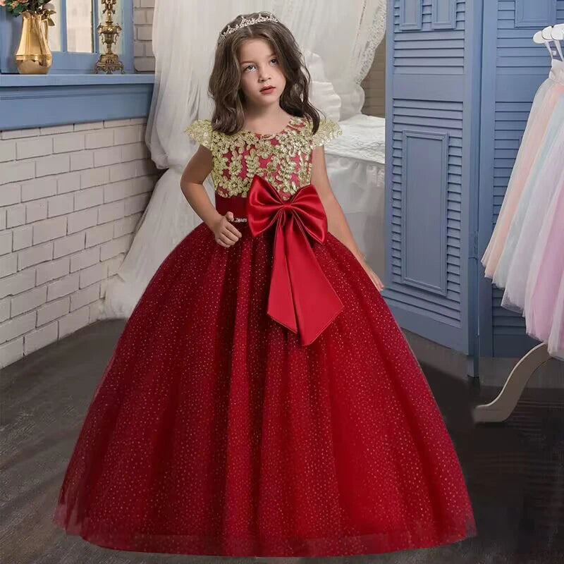 New Christmas Party Princess Long Dress Children's Gauze Lace Birthday Party Dinner Ball Big Butterfly Dress