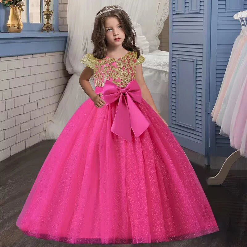 New Christmas Party Princess Long Dress Children's Gauze Lace Birthday Party Dinner Ball Big Butterfly Dress