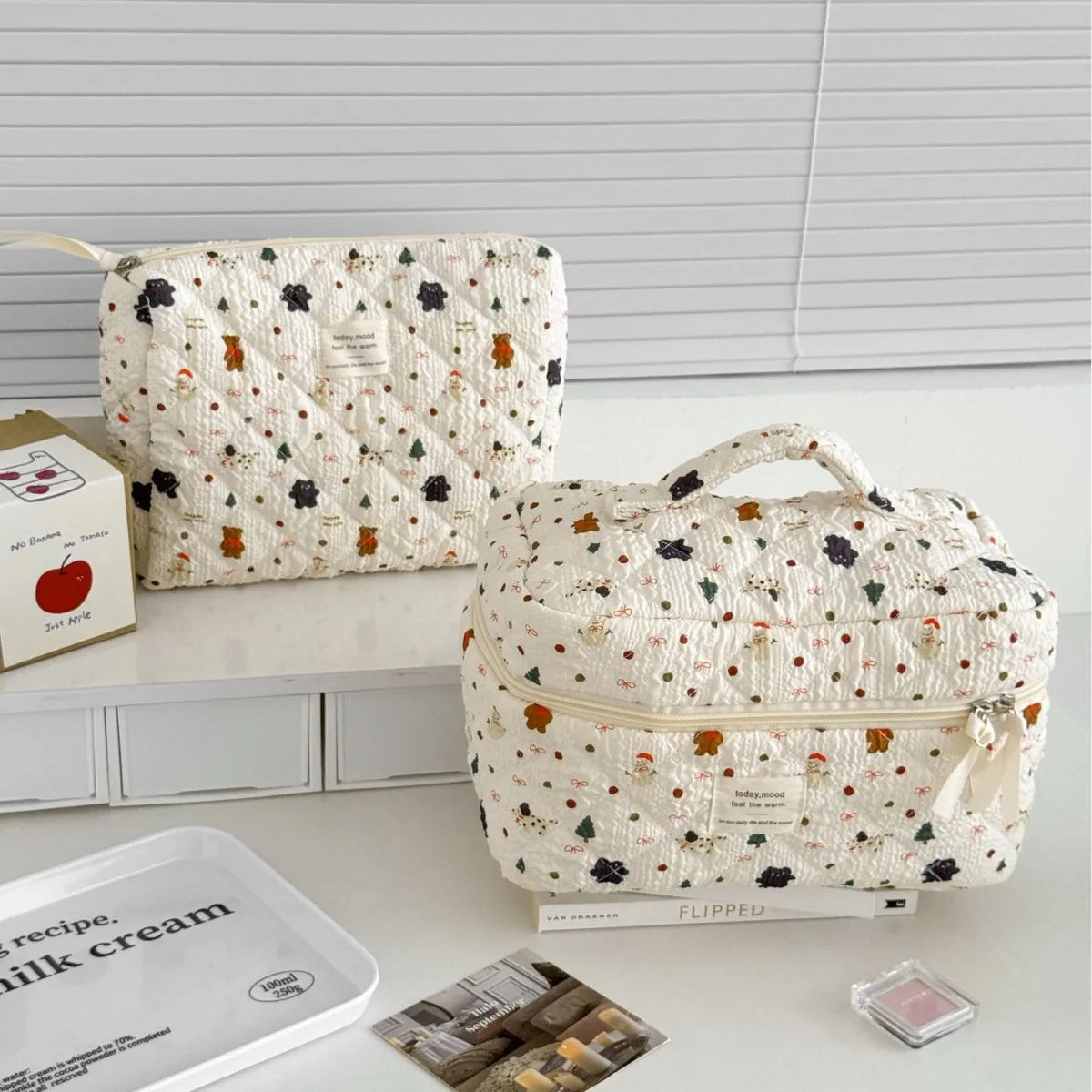 Ladies' Cosmetic Bags Cartoon Snowman Large Capacity Portable Storage Bags Teddy Bear Print Christmas Cute Kawaii Makeup Bags