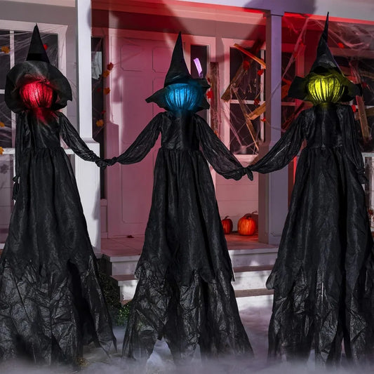 3 Pack 51'' Halloween Witch Decorations Outdoor Yard Stakes, Multicolored Light Up Flying Witch with Sound Activation, for Halloween Graveyard Lawn Yard Garden Decorations
