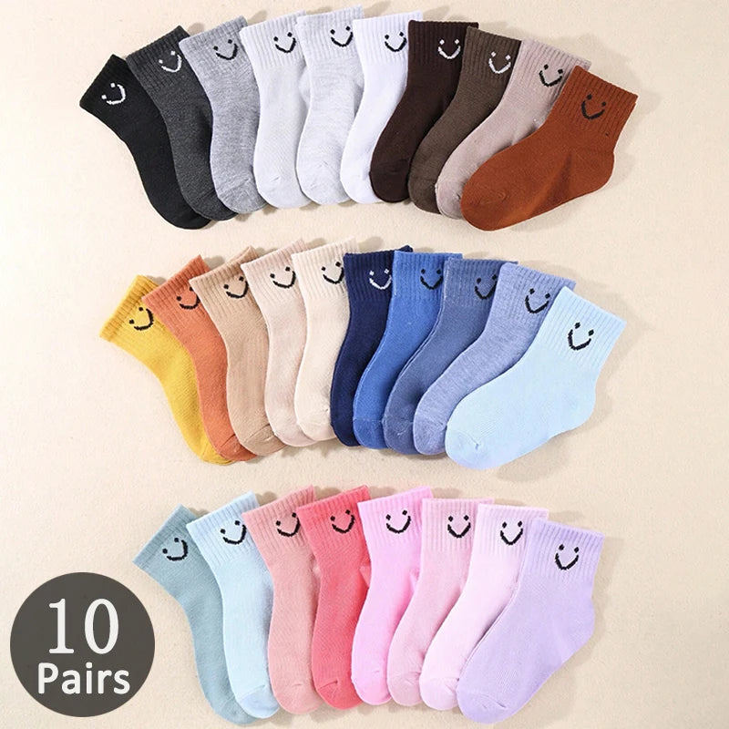 10 Pairs of Cute Solid-Color Smiling Face Pattern Children's Mid-Calf Socks, Suitable for Boys and Girls Socks