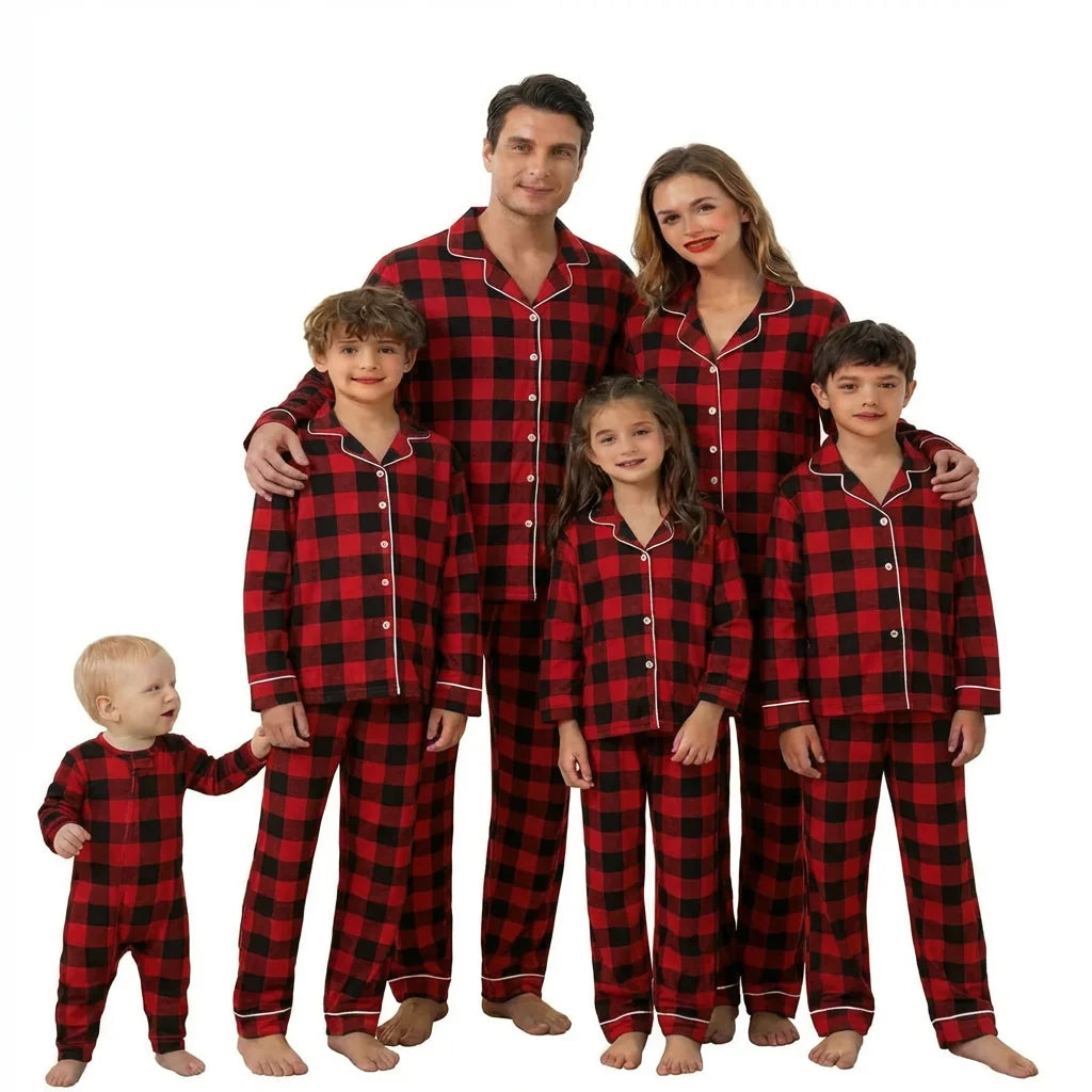 Family Matching Christmas Plaid Pajamas Set 100% Cotton Adults Kids Turn-down Collar Button Shirt+Trousers 2Pcs Xmas Sleepwear