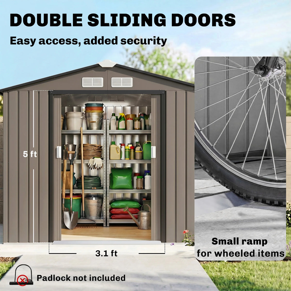Garden Shed Storage Unit w/ Locking Door Foundation Kit Air Vent Brown