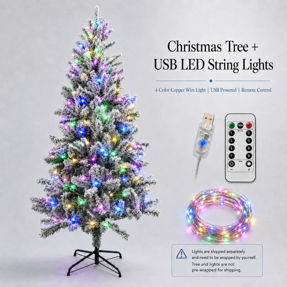 Snow Flocked Artificial Christmas Tree Slim PVC Xmas Tree 4-8FT Tree Only or USB LED String Lights with Remote Holiday Decor