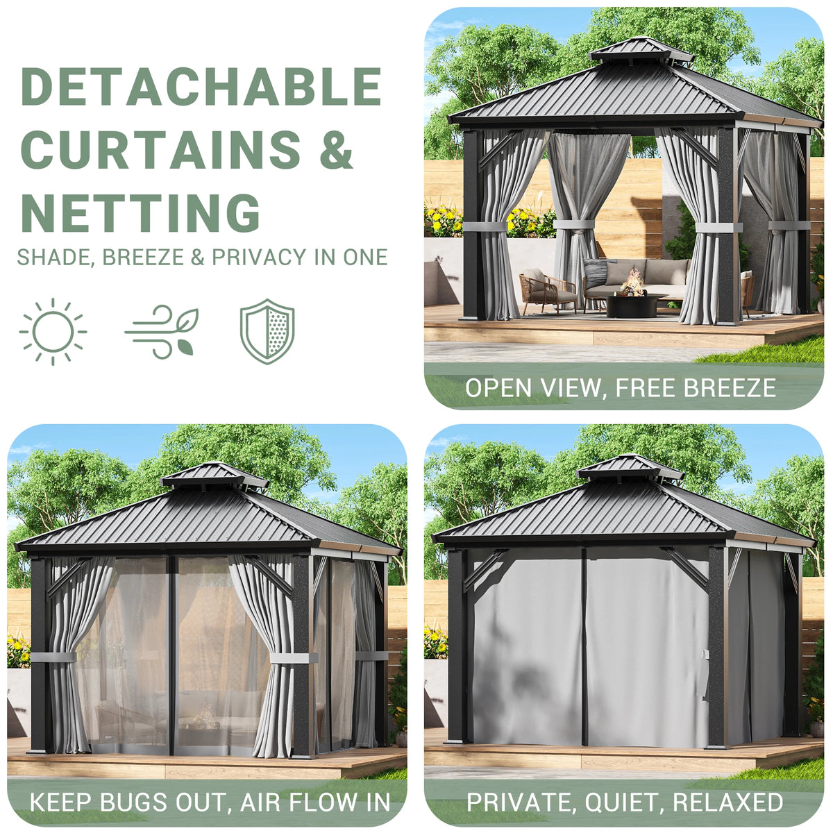 VIWAT 10x10 FT Hardtop Gazebo Galvanized Steel Roof W/ Netting Curtain All Weather for Backyard Patio Garden