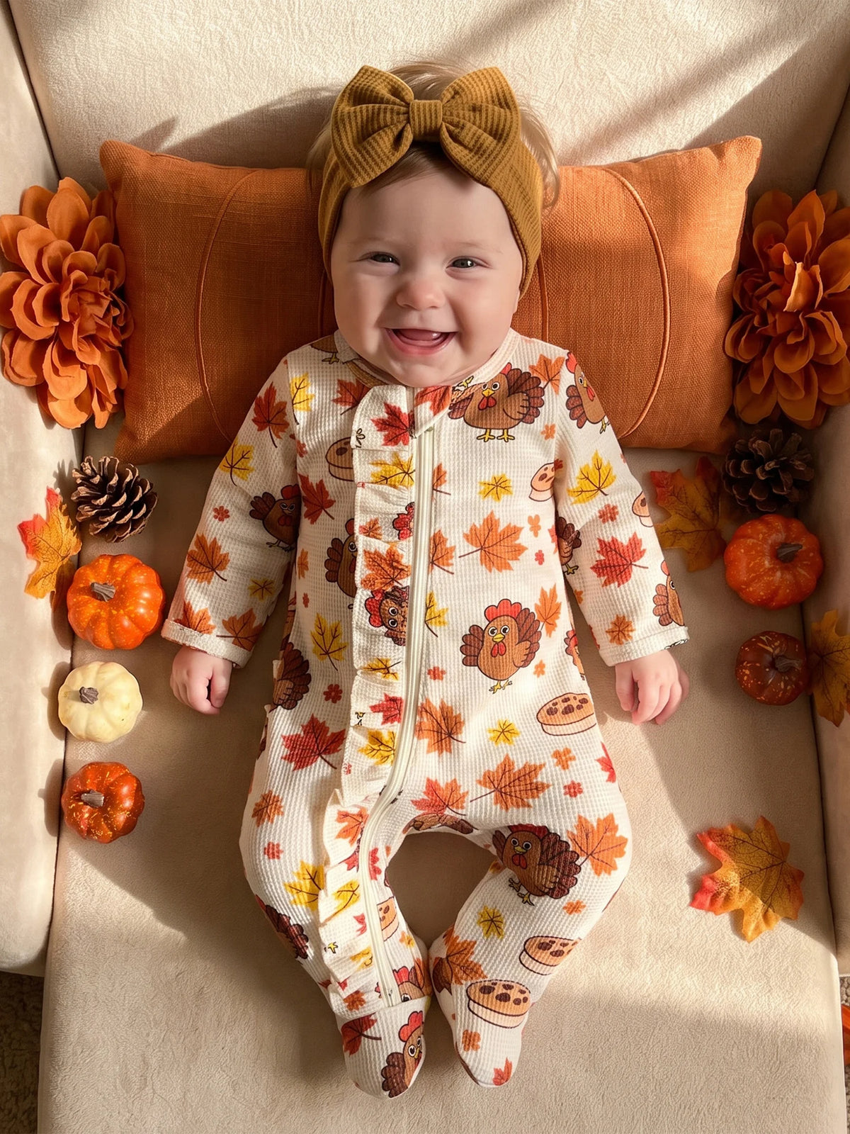 Jumpsuit With Sleeve Turkey Print Baby Girl Fall With Headband Long Sleeve Sleeve Baby Girl Girl Baby Girl Fall