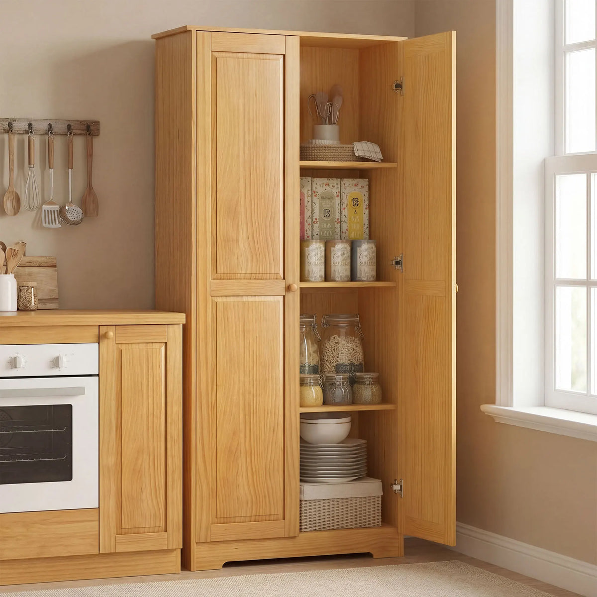 HOMCOM 67" Pinewood Kitchen Pantry Storage Cabinet, Freestanding Cabinets with Adjustable Shelves, Solid Wood Food Pantry with Soft-Close Doors for Living Room Dining Room, Brown