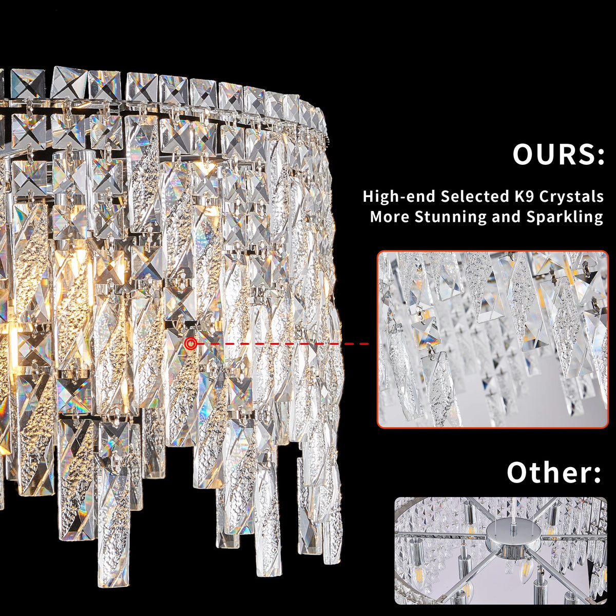 24" Luxurious Round Silver Crystal Chandelier, Contemporary Rectangular Pendant Light for Dining Room, Living Room,Grand Foyers