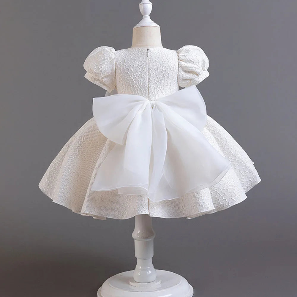 Super Pearl Bow Girl Kid's Dress Puff Sleeve Princess Jacquard Flower Infant Dress Gown Christmas Party Clothes 1-6 Years