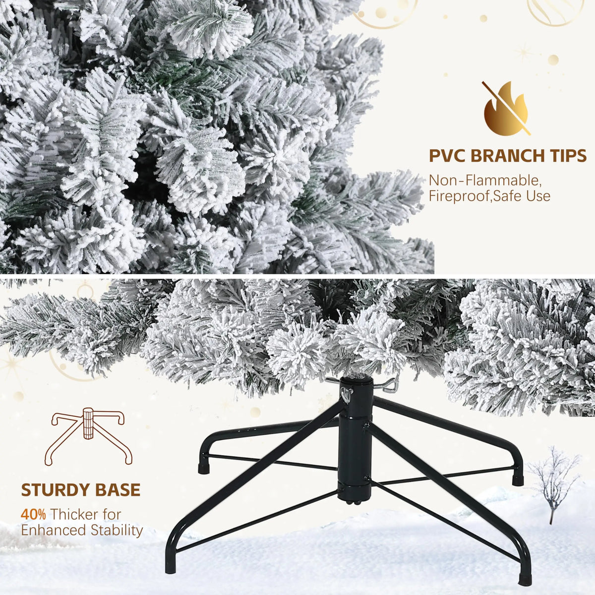 6FT/7.5FT Flocked Artificial Christmas Tree with Snowy Warm White LED Lights Hinged Divisions & Metal Stand  Soft Snow Fraser Fir Holiday Decor for Home & Office