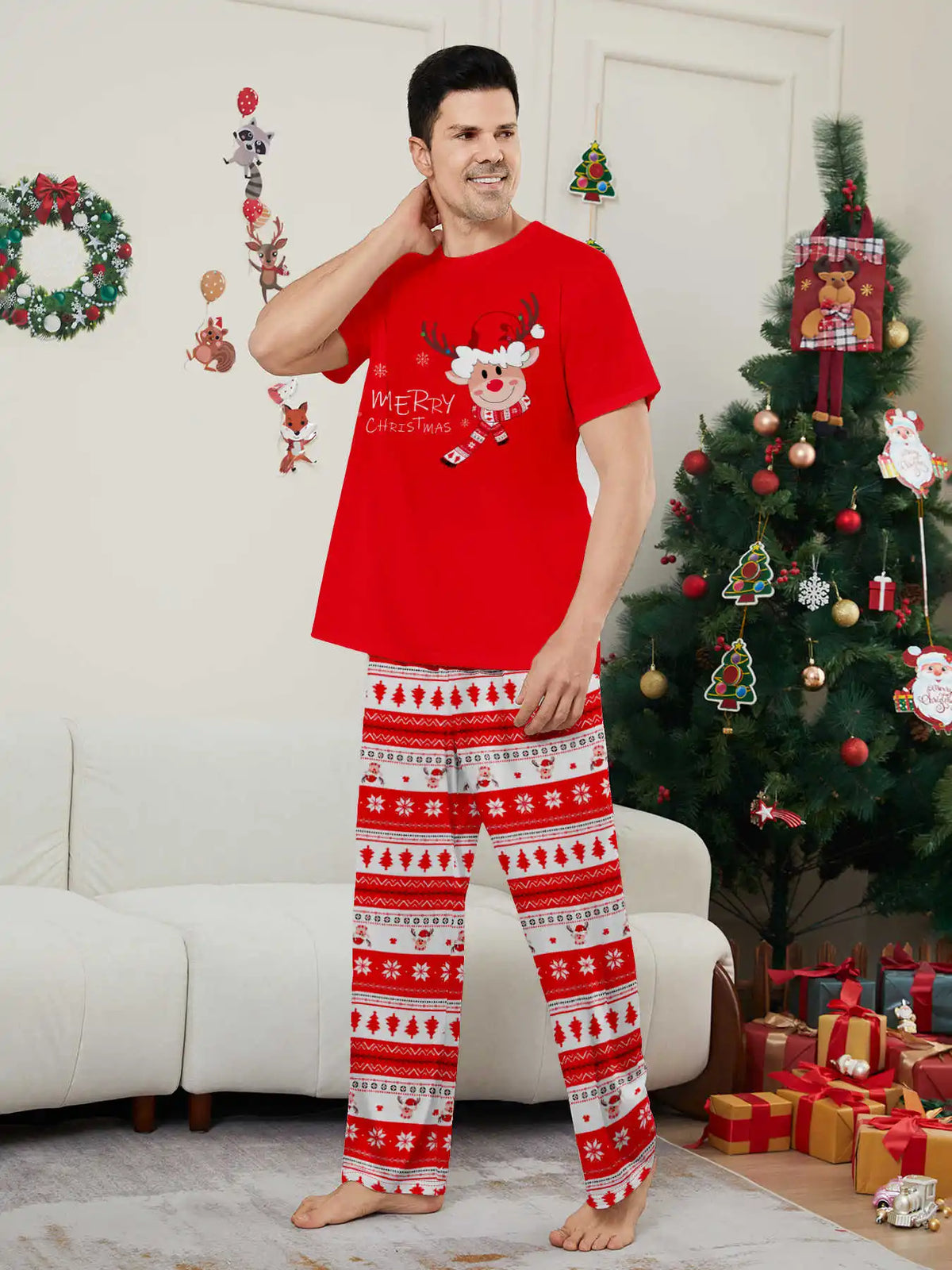 New Year's Costumes Short Sleeve Christmas Pyjamas Set Adults Kids Matching Outfits Cute Elk Print T-shirt+Trousers Loungewear