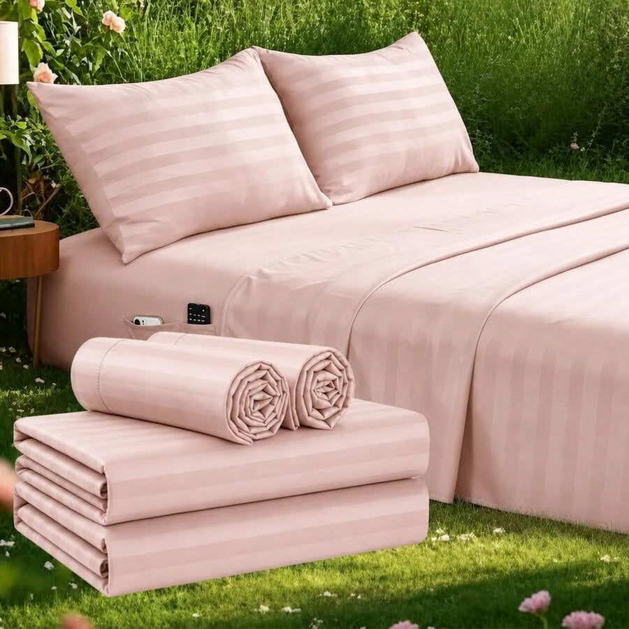 Striped Cooling Sheets Set King Size - Fitted Flat Sheet & Pillowcase Sets 4 Piece - Super Soft Stripe Bed Sheet, Easy Care, Deep Pocket /sf260521111363488956160