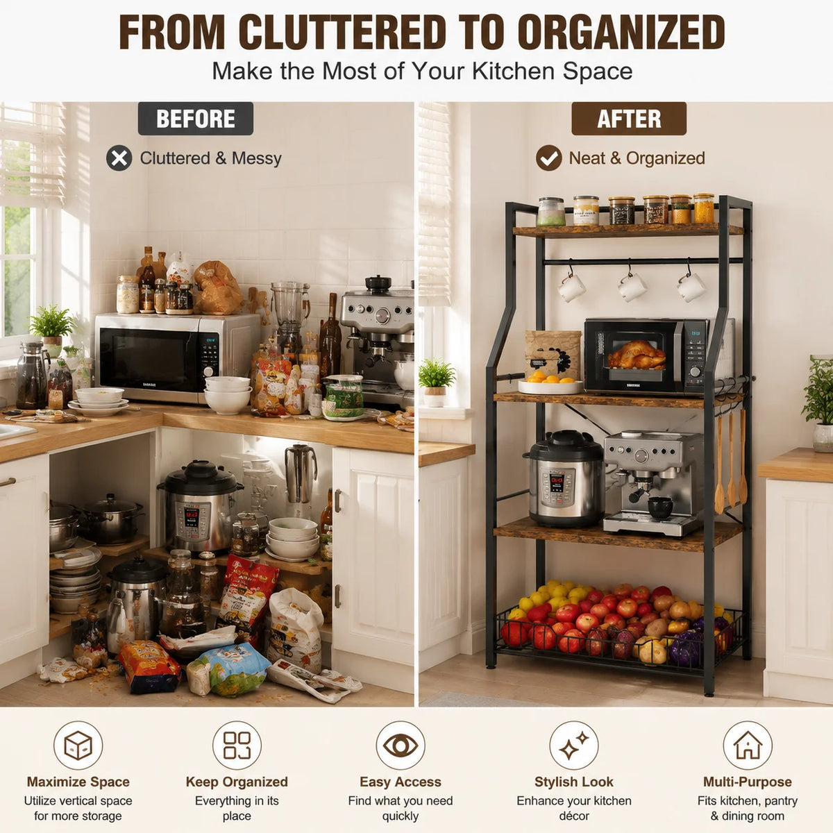 4 Tier Kitchen Bakers Rack with Microwave Stand Coffee Bar Station Freestanding Storage Shelf with Wire Basket 8 Hooks Industrial Style Organizer for Kitchen Pantry Dining Room