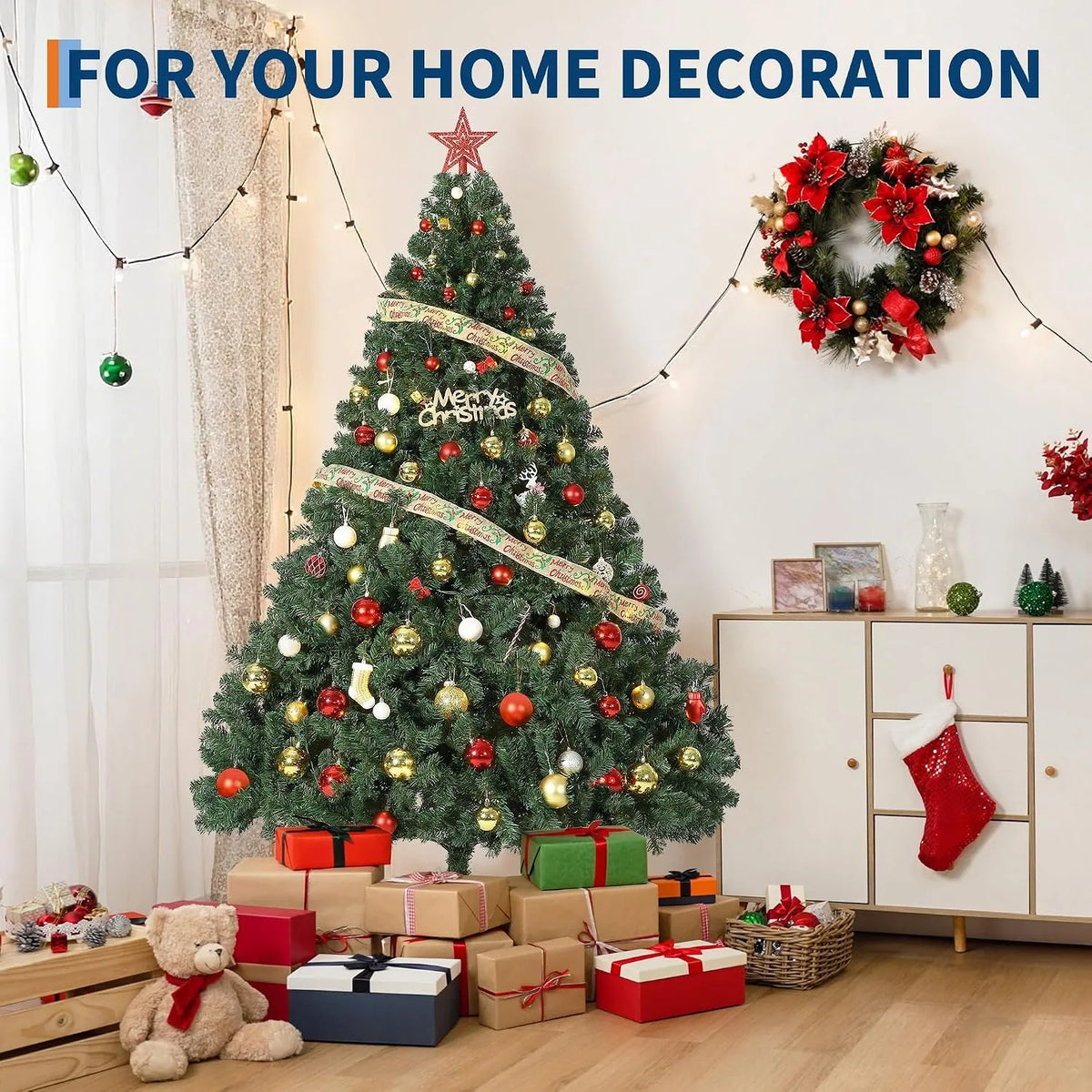 Artificial Christmas Tree 4.5FT 6 FT 7.5FT Unlit Green Spruce Tree with 1450 Realistic Branch Tips Hinged Metal Trunk Collapsible Stand Carry Bag Holiday Decor