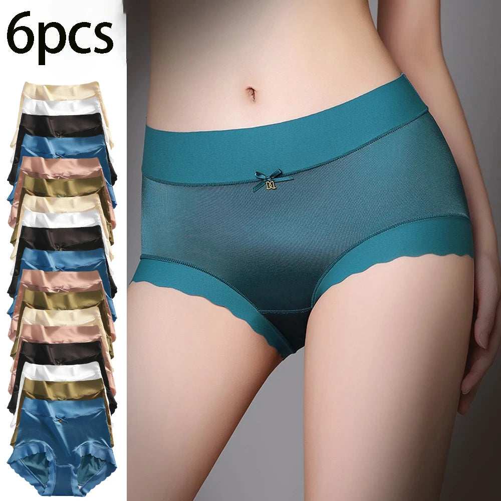 6pcs Plus Size Women's Seamless Luxury Satin Briefs Mid-Waist Ruffle Mulberry Silk Butt-Lifting Panties Skin-Friendly Crotch, Sexy, Stretchy UnderWear for Women