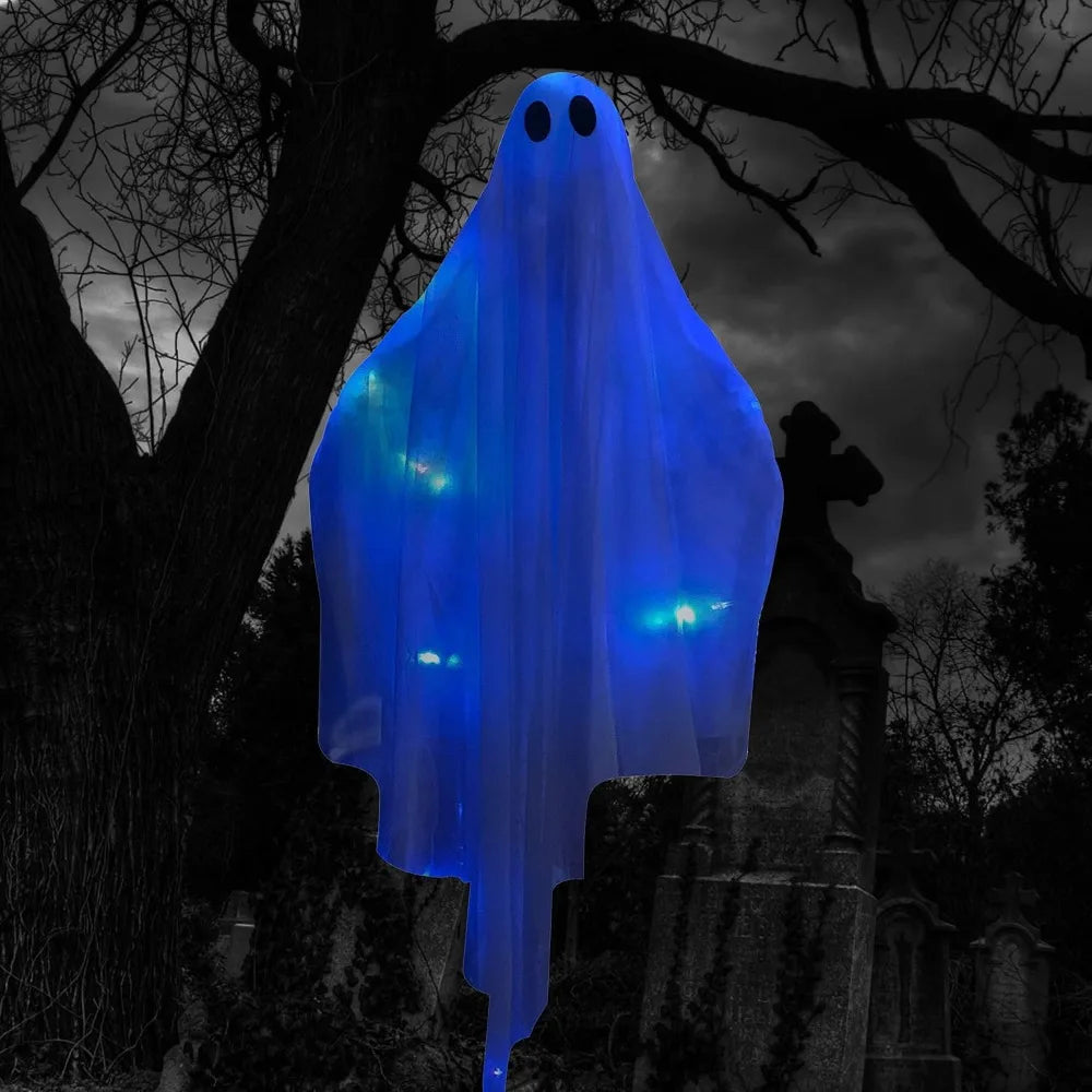 Halloween Hanging Light up Ghost with Spooky Blue LED Light, 47'' White Ghosts Halloween Hanging Decoration for Front Yard Patio Lawn Garden Party Decor Indoor Outdoor, Photobooth Props