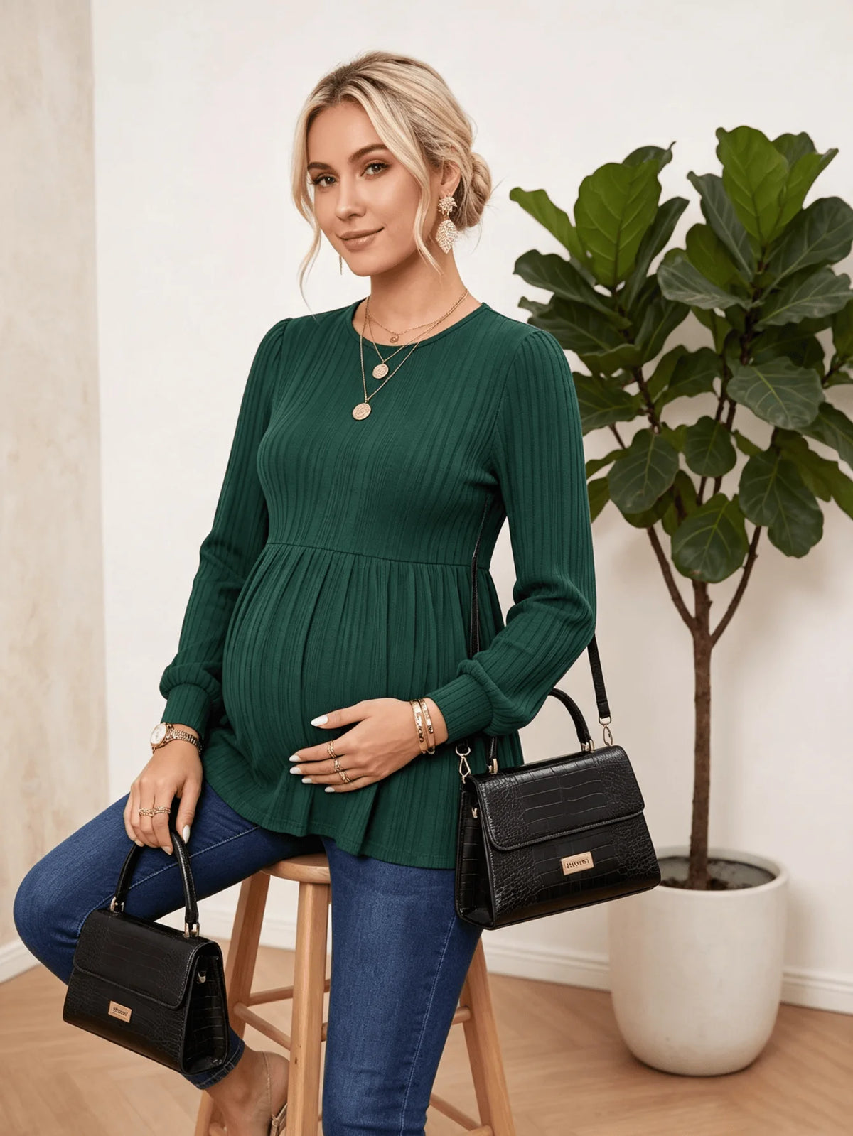 Pregnant women waist work long-sleeved top autumn and winter casual versatile T-shirt maternity wear