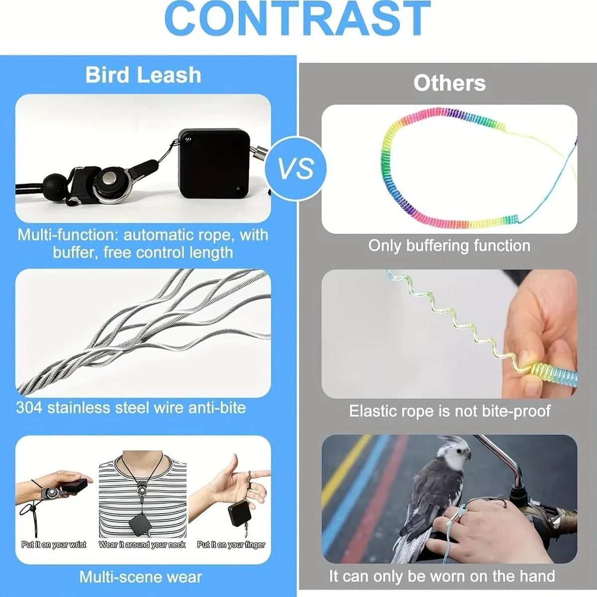 Bird Leash, Retractable Anti Bite Harness, 3 Different Sizes Of Foot Ring, Parrot Flying Rope For Birds Outdoor Training