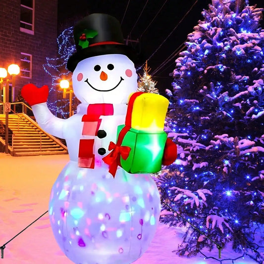 5FT Christmas Inflatable Snowman Yard Decoration, Built-in Colorful Rotating Projector Lights, Blow Up Snowman with Gift Box Top Hat Scarf, Outdoor Lawn Decor with Stakes Ropes Water Bags for Xmas Holiday