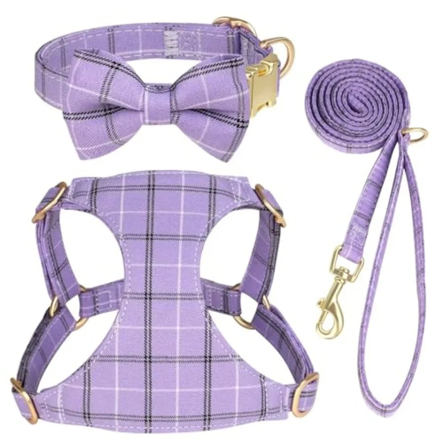 Extra Small Dog Harness Collar and Leash Set with Bowtie, Soft Adjustable Plaid Polyester Harness for Small Dogs and Cats, Red/