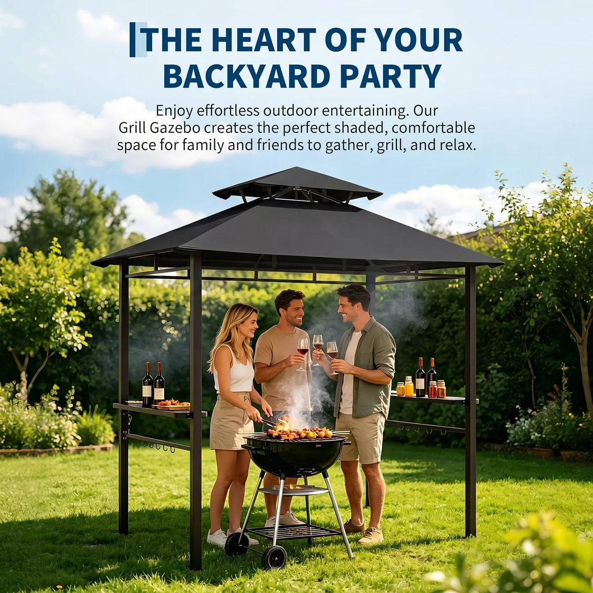 Outdoor BBQ Grill Gazebo 8x5 FT, Double Roof Vented Patio Canopy Tent With 2 Side Shelves For Backyard Cooking