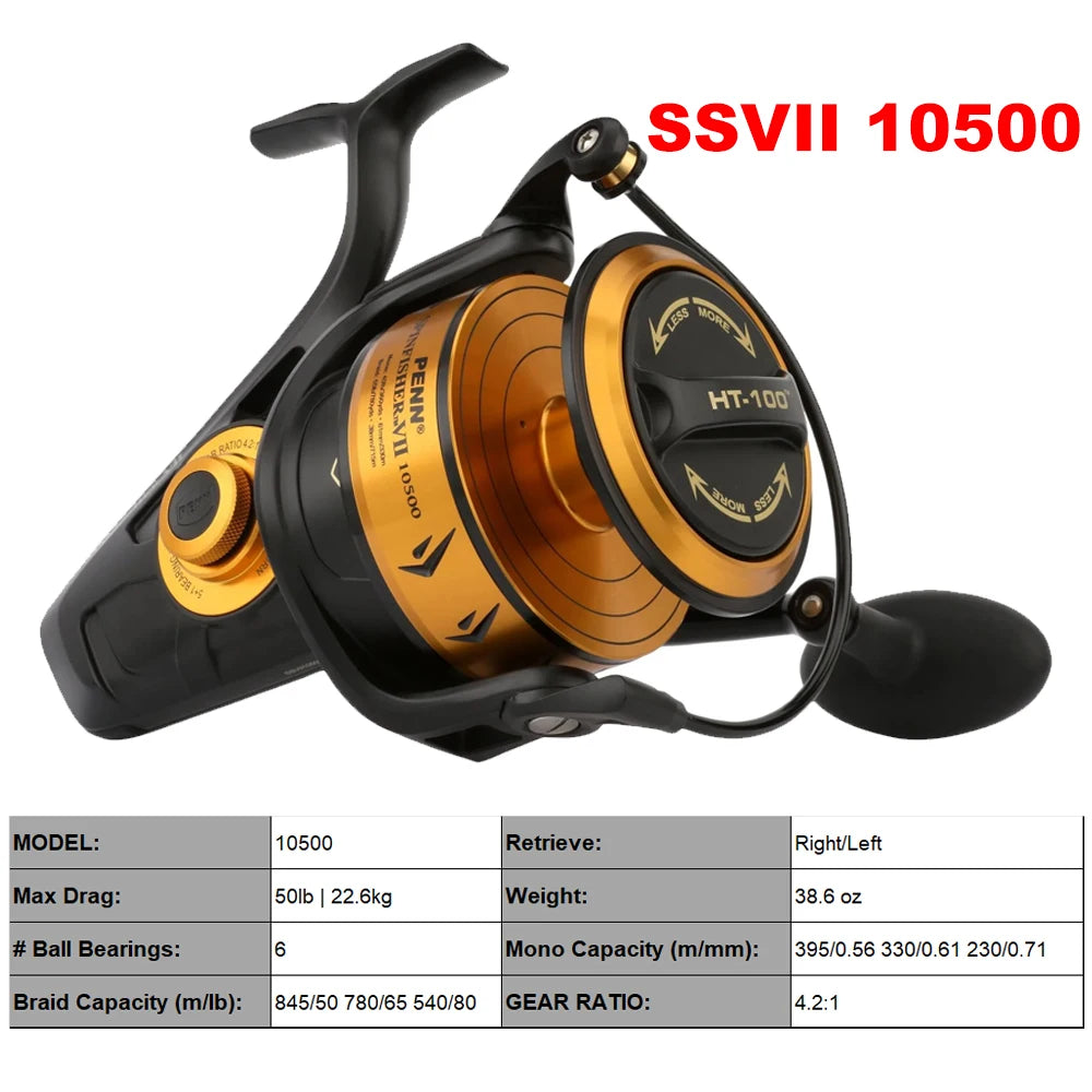 Penn Spinfisher VII Spinning Fishing Reel 3500/5500/6500/7500/8500/10500 HT-100 Carbon Fiber Drag Washers Spinning Wheel