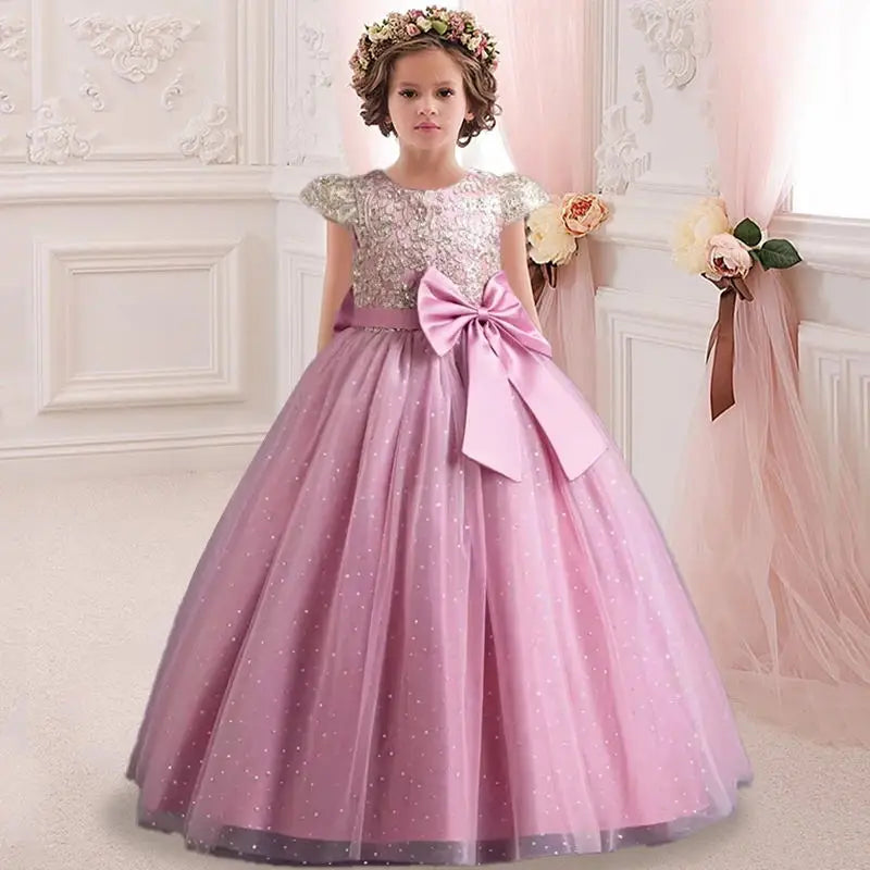 New Christmas Party Princess Long Dress Children's Gauze Lace Birthday Party Dinner Ball Big Butterfly Dress