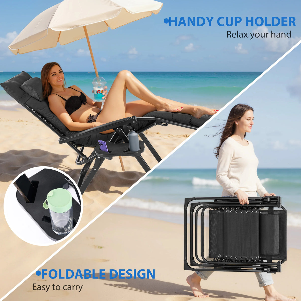 MCQ Zero Gravity Cushioned Lounge Chair Outdoor Folding Camping Padded with Cup Holder Cooler Bag Heavy Duty Chair for Garden