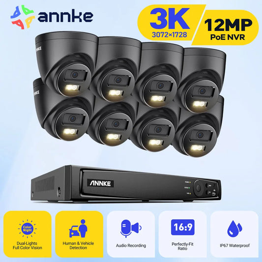 ANNKE 8CH Ultra HD POE Security Cameras CCTV Kit 8MP NVR Recorder With 3K Video Surveillance System Built-in Mic IK08 IP Camera