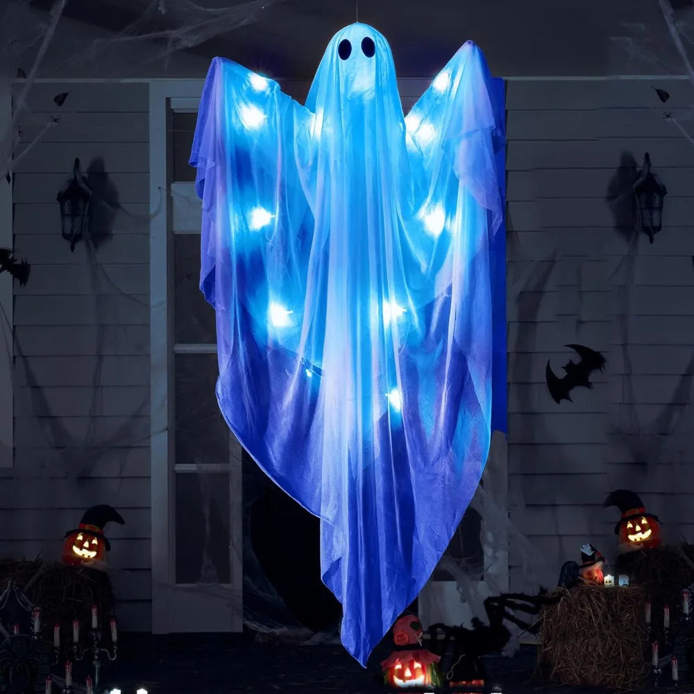 Halloween Hanging Light up Ghost with Spooky Blue LED Light, 47'' White Ghosts Halloween Hanging Decoration for Front Yard Patio Lawn Garden Party Decor Indoor Outdoor, Photobooth Props