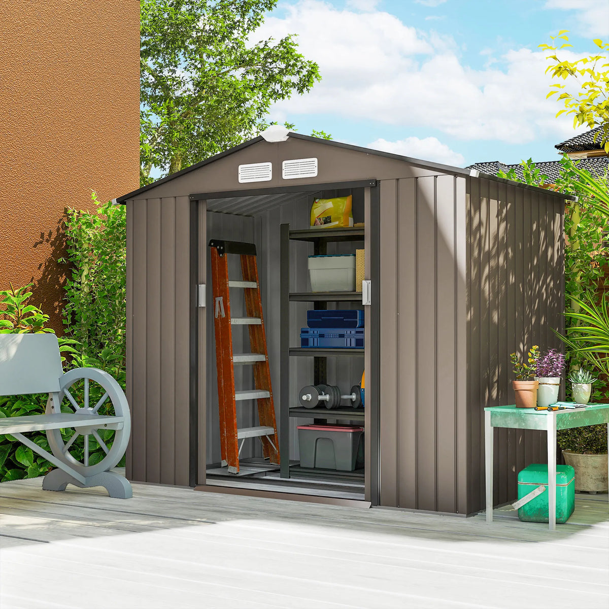 Garden Shed Storage Unit w/ Locking Door Foundation Kit Air Vent Brown