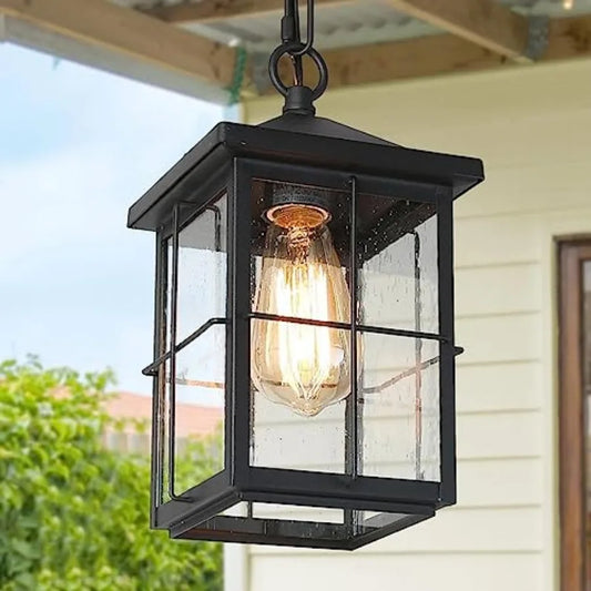 Outdoor Pendant Light Fixture Farmhouse Exterior Hanging Lights with Adjustable Chain Black Ceiling Outdoor Light with Seeded G