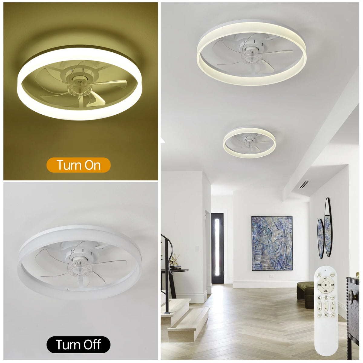 19.7-inch Ceiling Fan With Light, Slim Design, Semi-embedded, 6-speed Adjustable Wind, 3-color Dimmable, Remote Control Included, Suitable For Kitchen, Living Room, Dining Room, And Bedroom