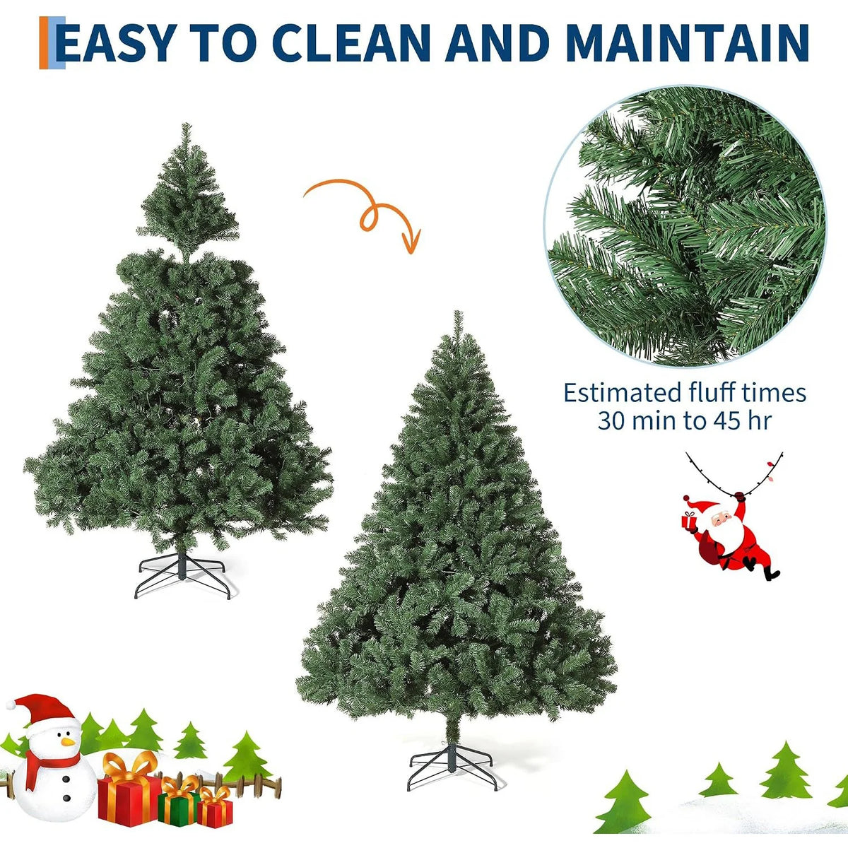 Artificial Christmas Tree 4.5FT 6 FT 7.5FT Unlit Green Spruce Tree with 1450 Realistic Branch Tips Hinged Metal Trunk Collapsible Stand Carry Bag Holiday Decor