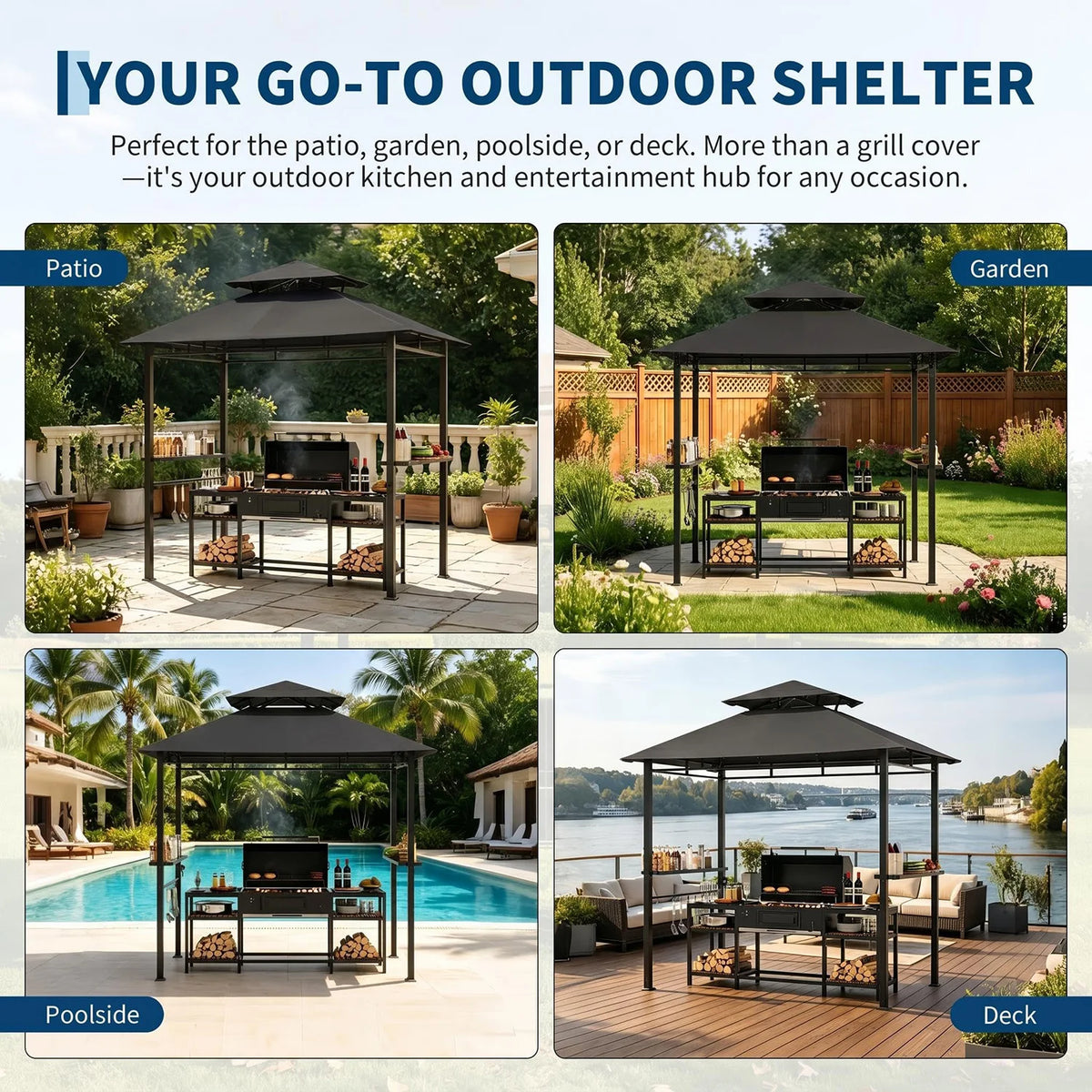 Outdoor BBQ Grill Gazebo 8x5 FT, Double Roof Vented Patio Canopy Tent With 2 Side Shelves For Backyard Cooking